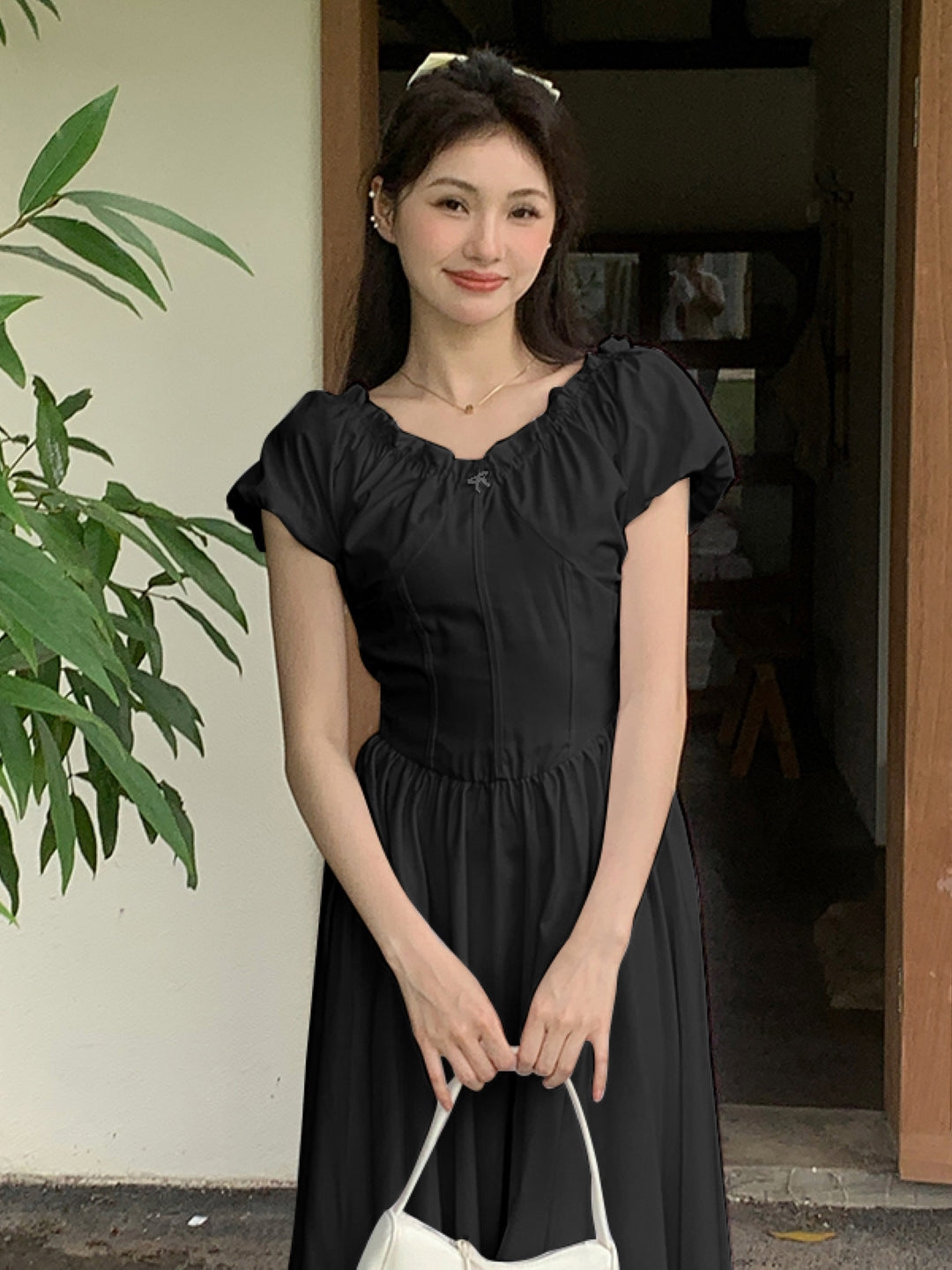 Black V-Neck Solid Short Sleeves Knee Length A-Line Polyester Dress