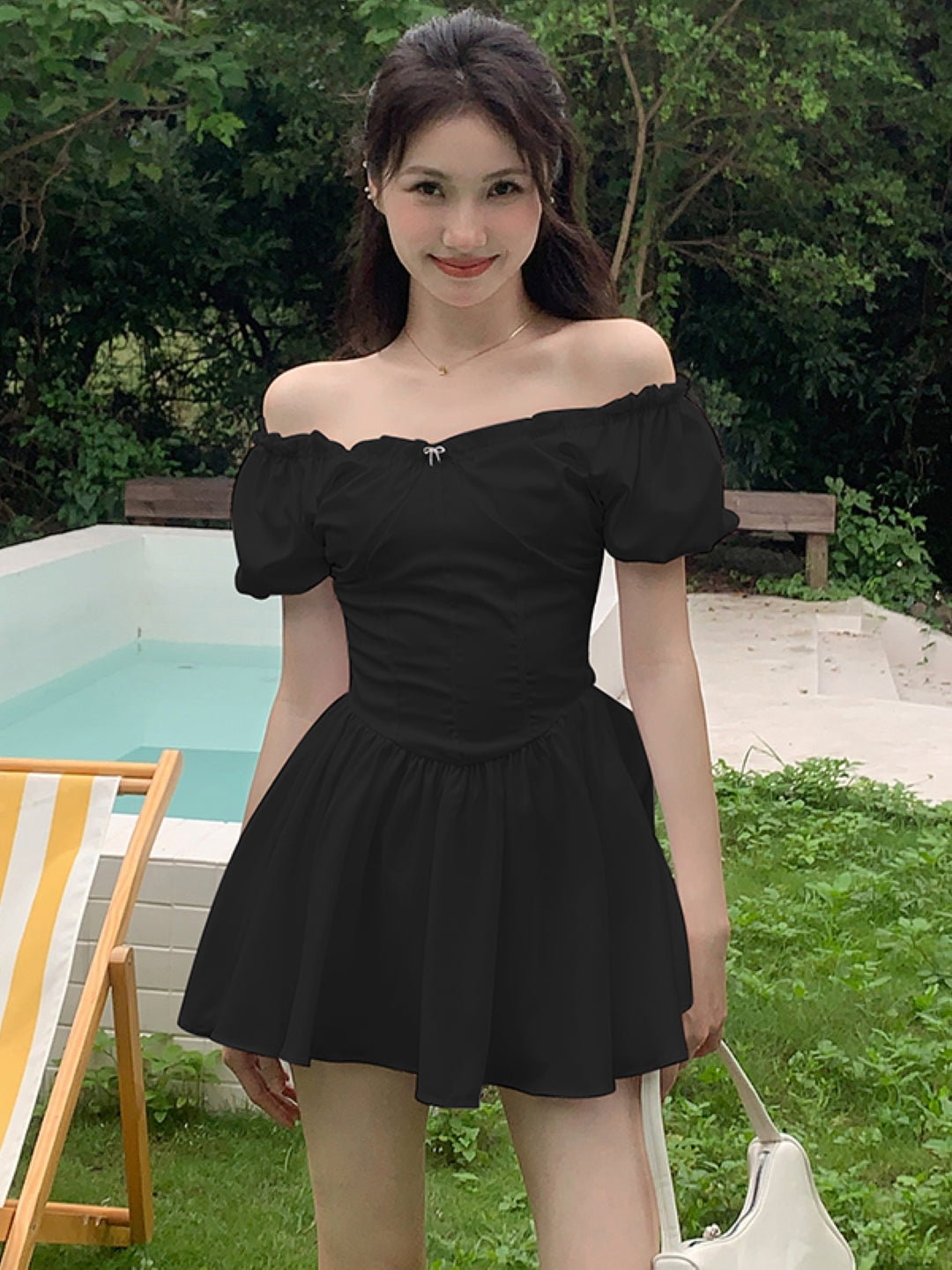 Black Off-Shoulder Solid Short Sleeves Above Knee A-Line Polyester Dress