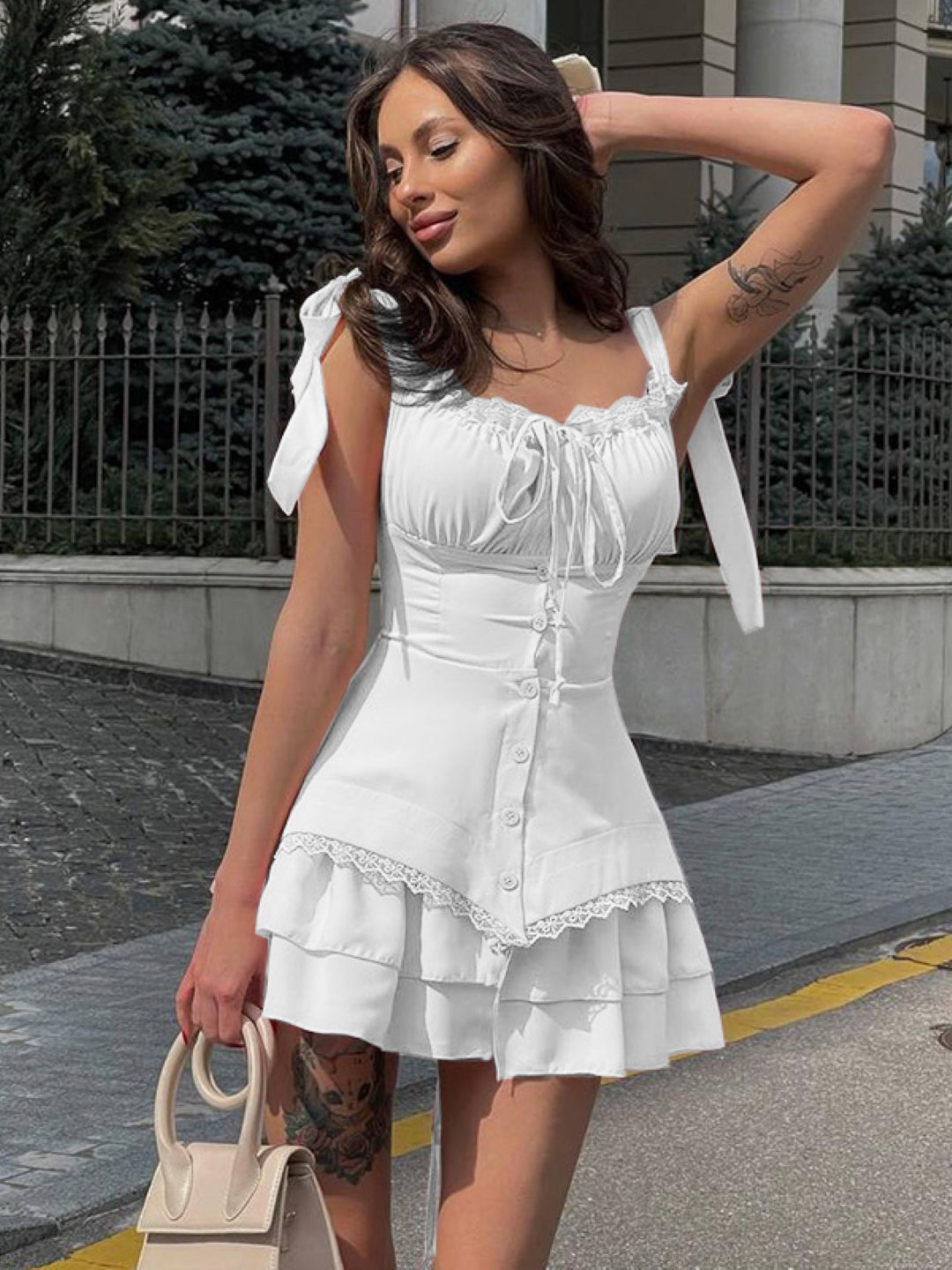 White Square Neck Solid Sleeveless Above Knee A-Line Polyester Dress