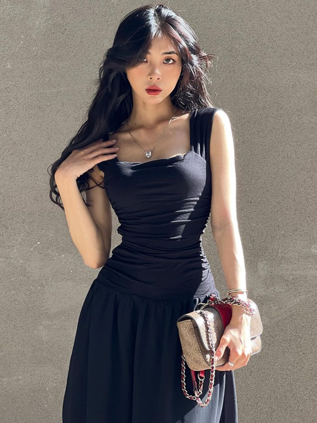 Black Square Neck Solid Sleeveless Knee Length A-Line Polyester Dress