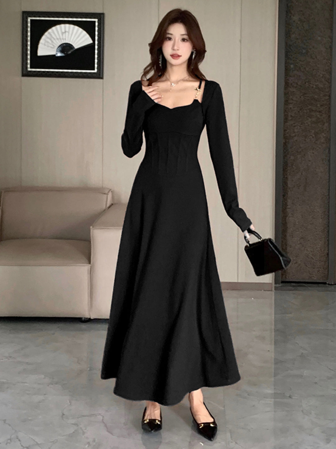 Black Square Neck Solid Long Sleeves Maxi A-Line Polyester Dress