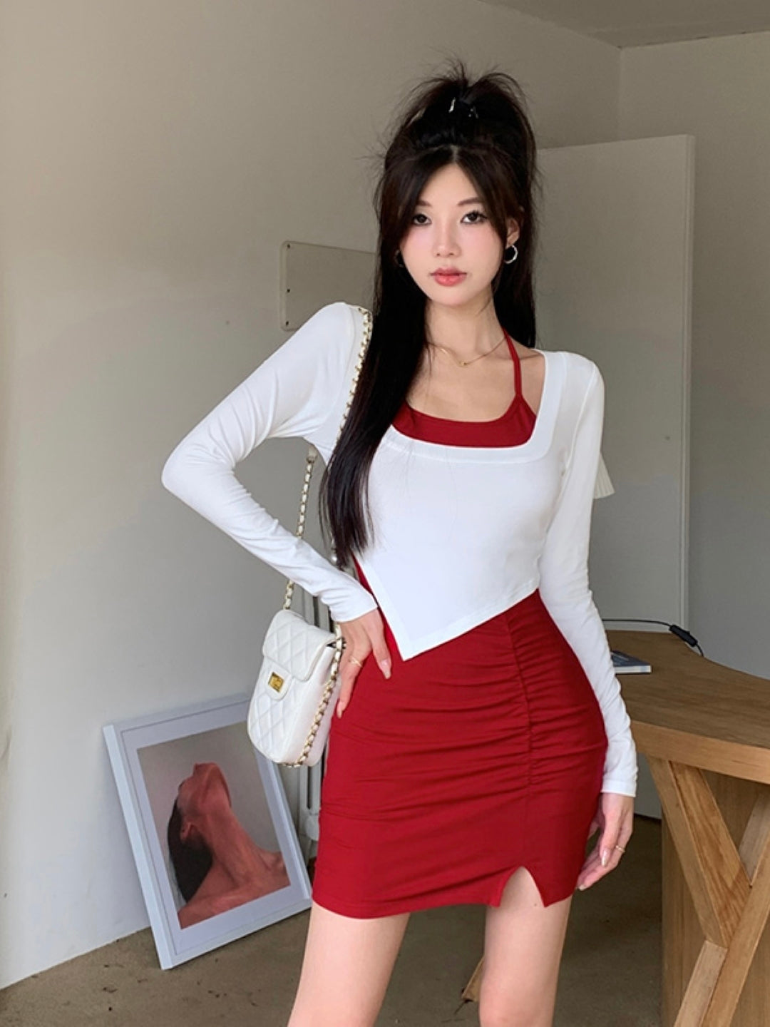 Red Square Neck Long Sleeves Clothing Set