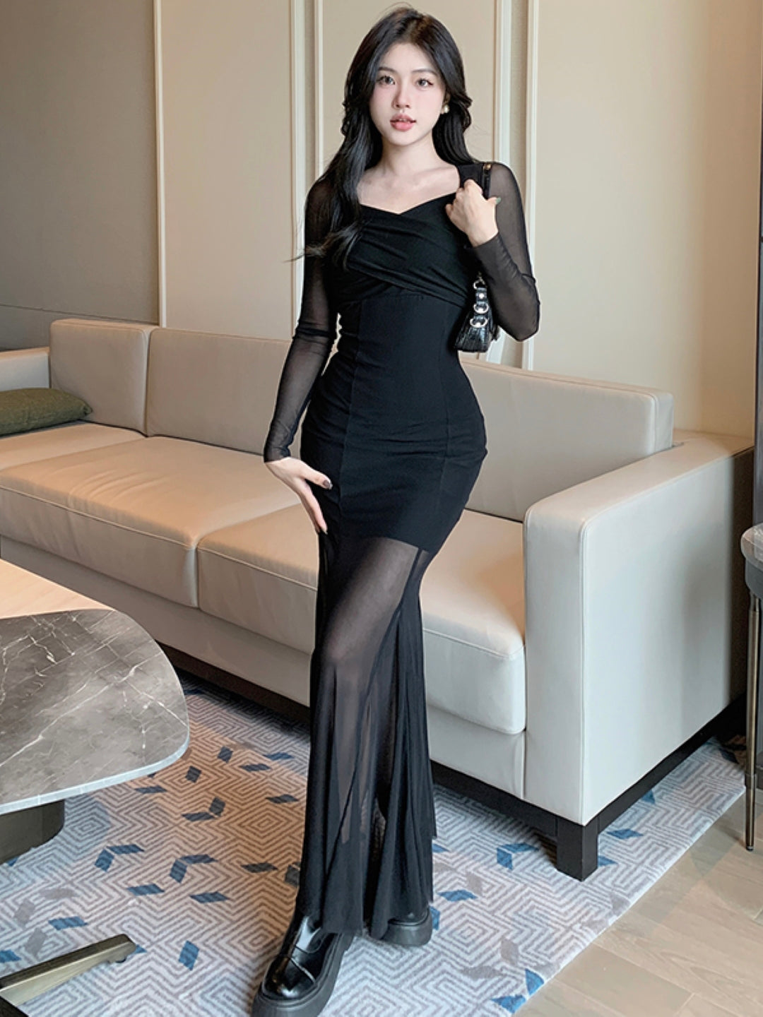 Black V-Neck Solid Long Sleeves Maxi Bodycon Polyester Dress