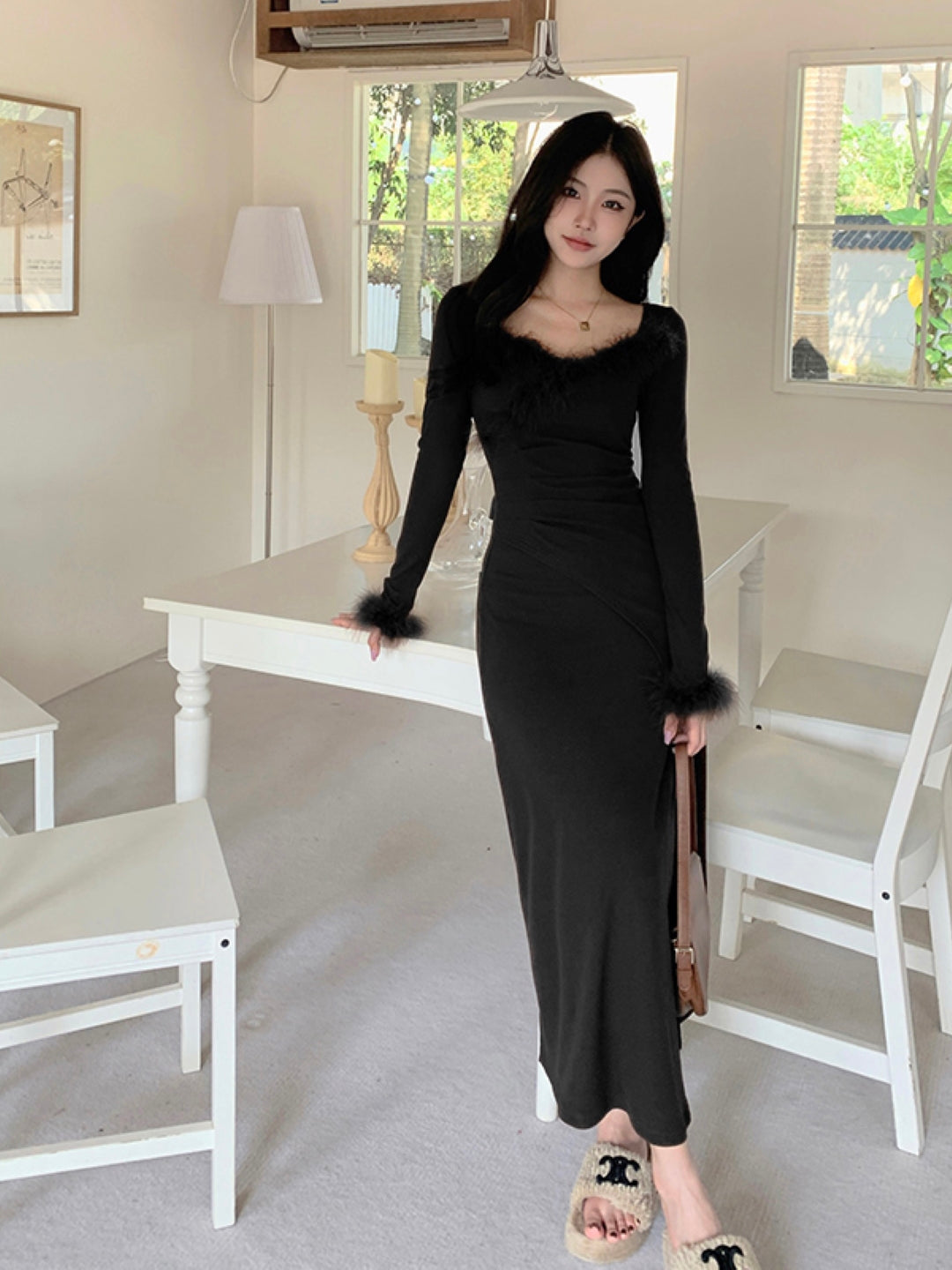 Black Round Neck Solid Long Sleeves Maxi A-Line Polyester Dress