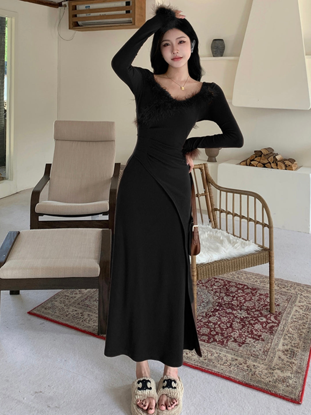 Black Round Neck Solid Long Sleeves Maxi A-Line Polyester Dress