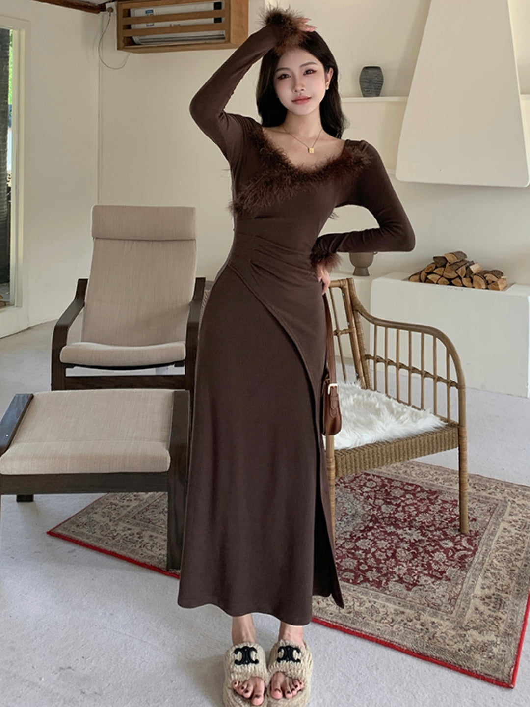 Brown Round Neck Solid Long Sleeves Maxi A-Line Polyester Dress