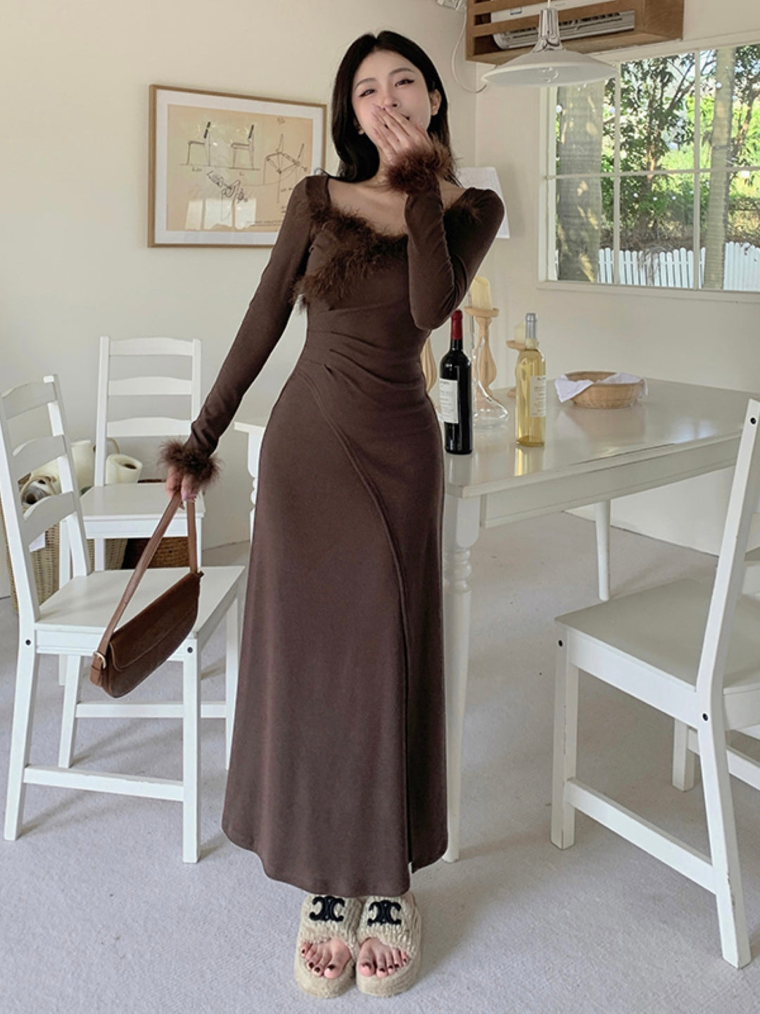 Brown Round Neck Solid Long Sleeves Maxi A-Line Polyester Dress