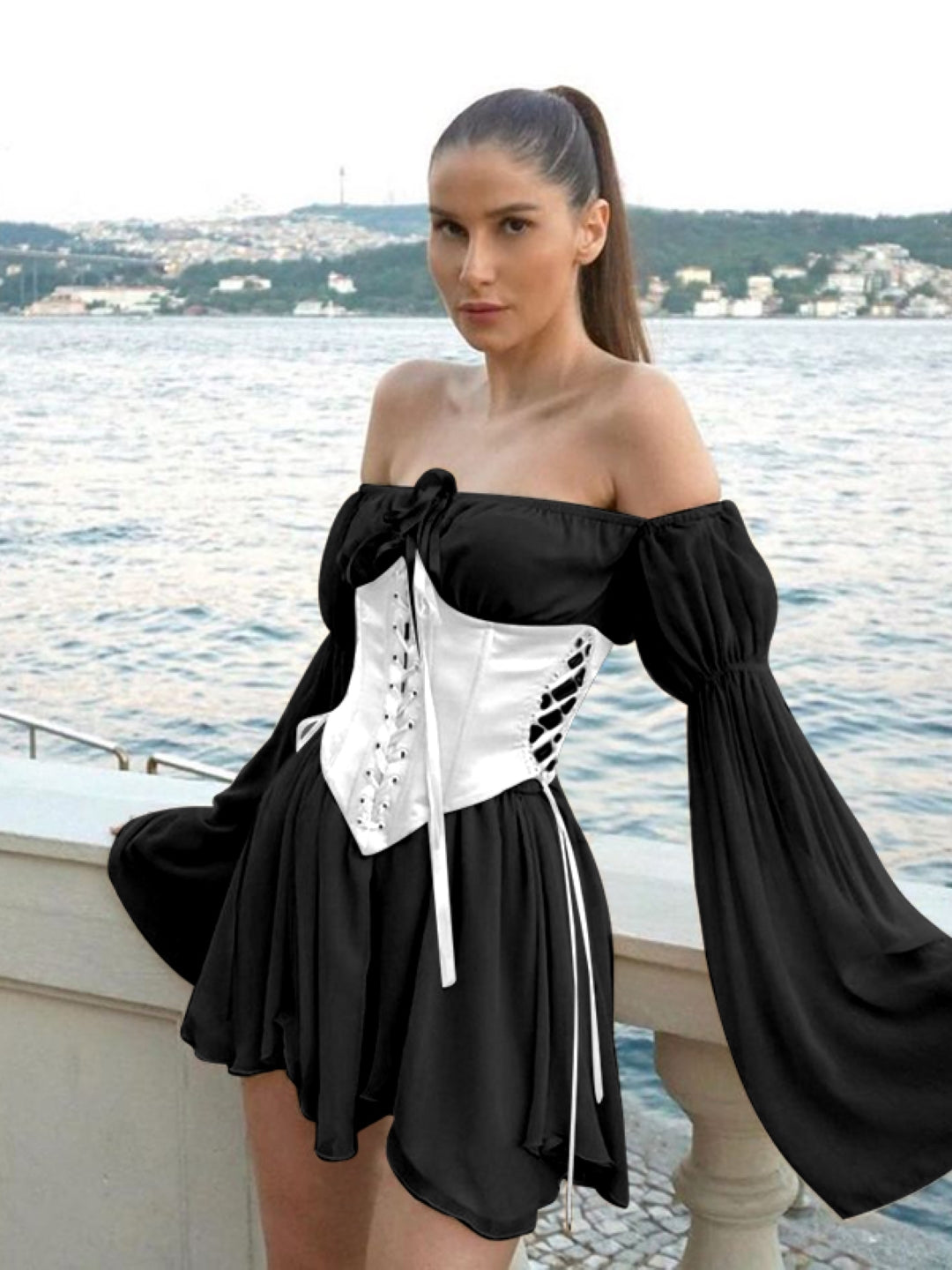 Black White Off-Shoulder Solid Long Sleeves Above Knee A-Line Polyester Dress