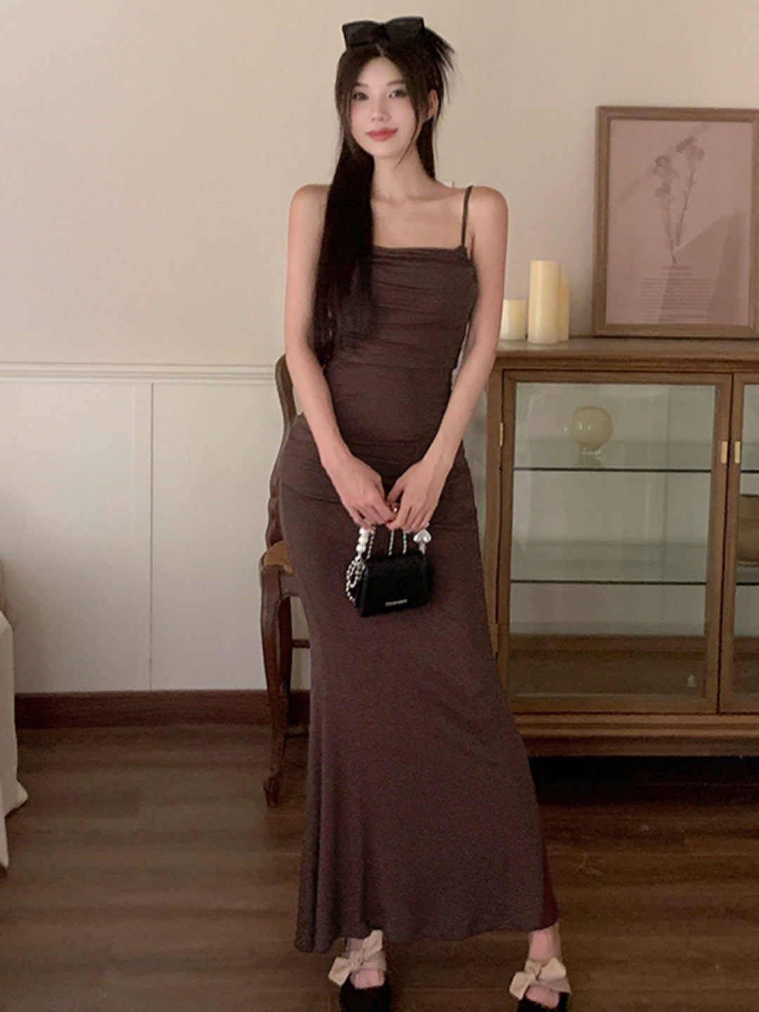 Brown Shoulder Straps Solid Sleeveless Maxi A-Line Polyester Dress