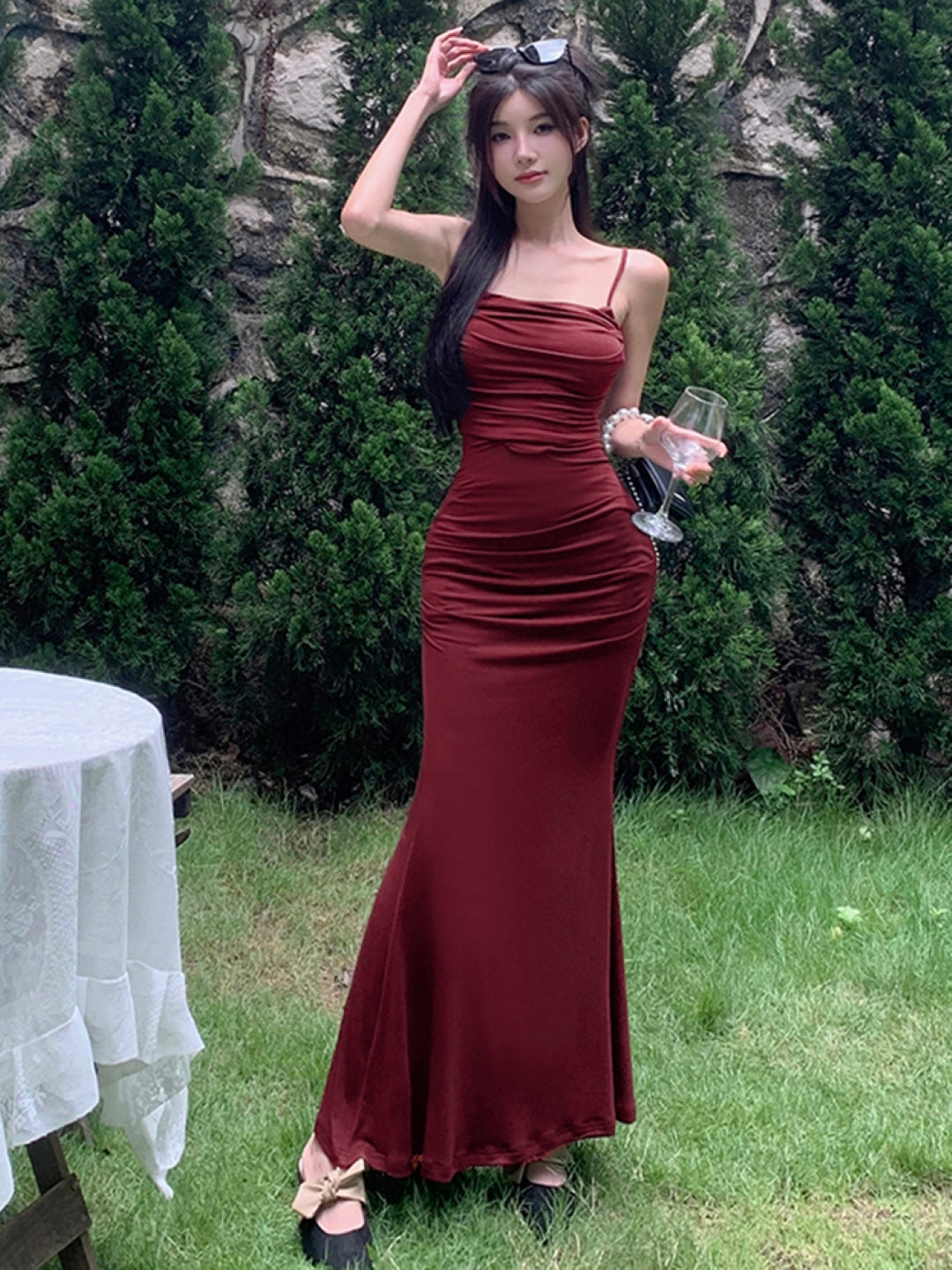 Burgundy Shoulder Straps Solid Sleeveless Maxi A-Line Polyester Dress