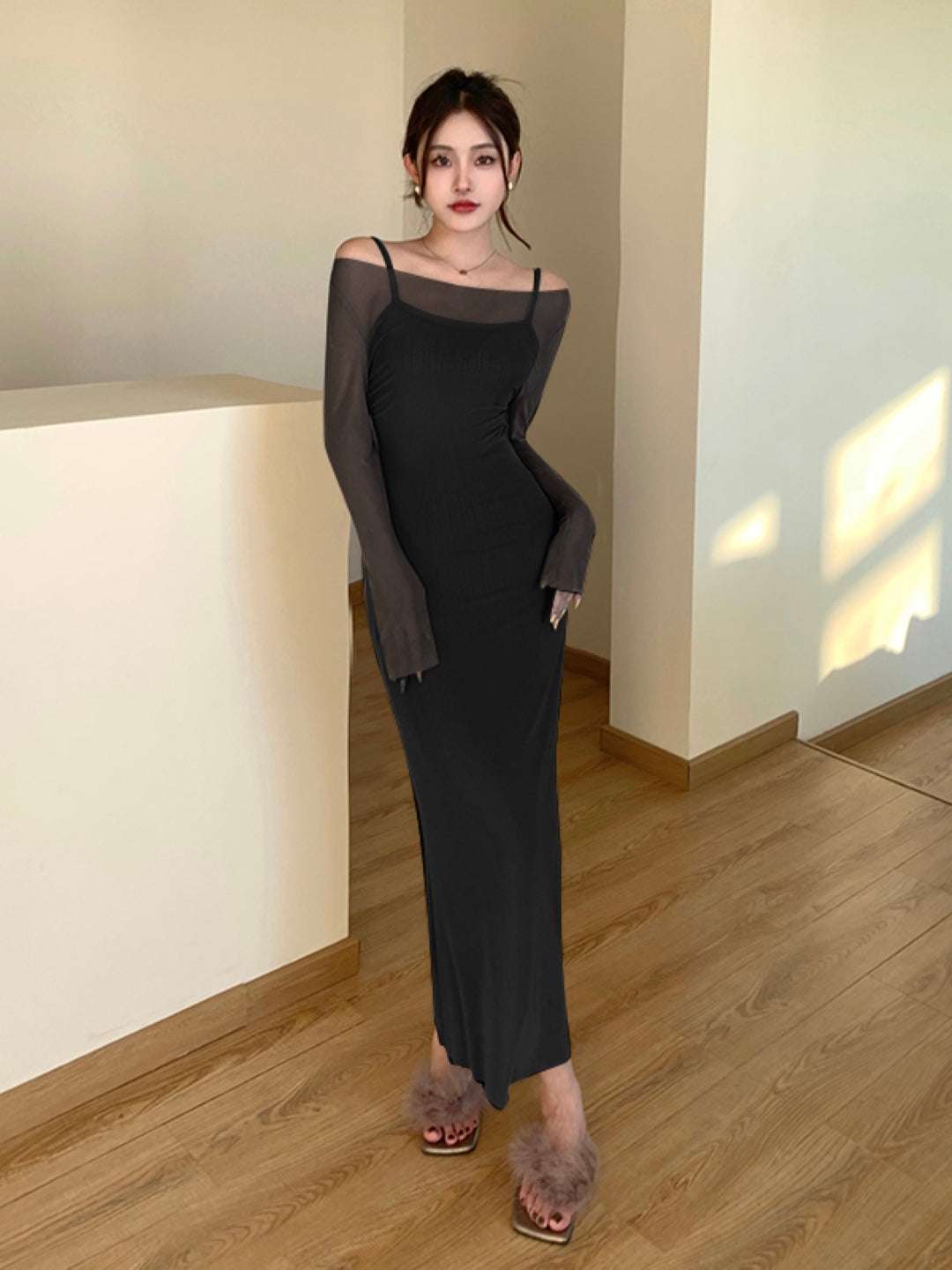 Black Shoulder Straps Solid Sleeveless Maxi A-Line Polyester Dress