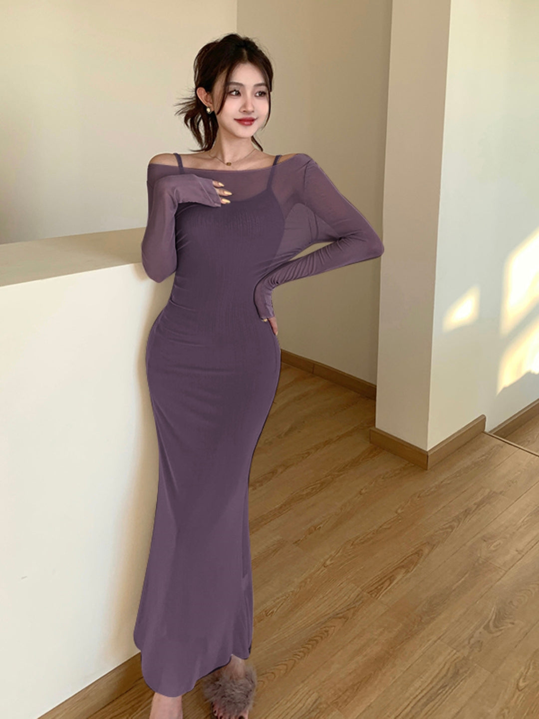 Purple Shoulder Straps Solid Sleeveless Maxi A-Line Polyester Dress