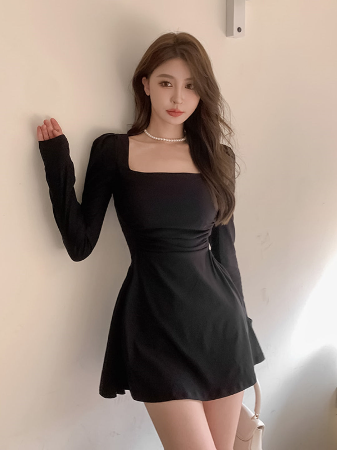 Black Square Neck Solid Long Sleeves Above Knee A-Line Polyester Dress