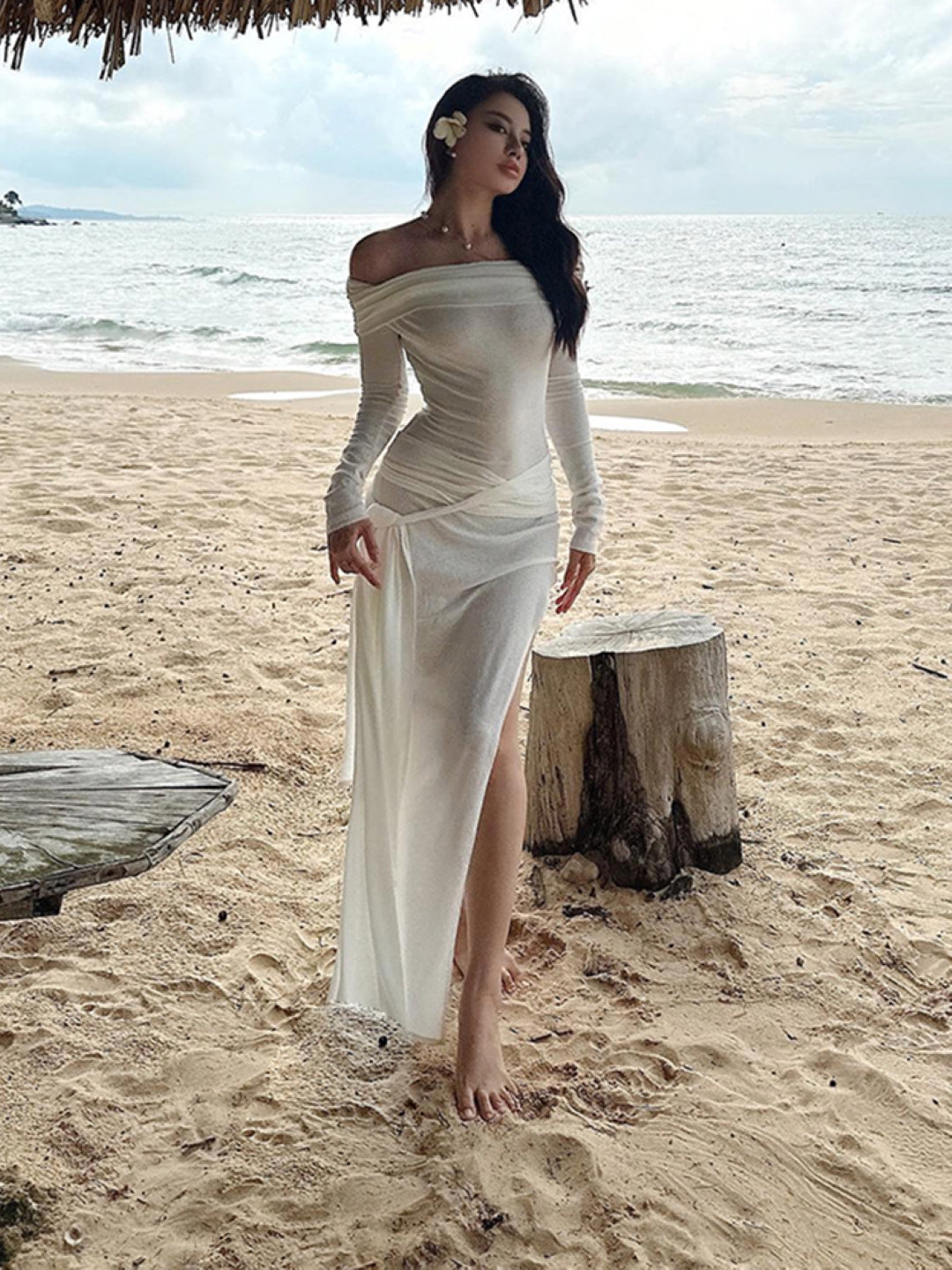 White Off-Shoulder Solid Long Sleeves Maxi A-Line Polyester Dress