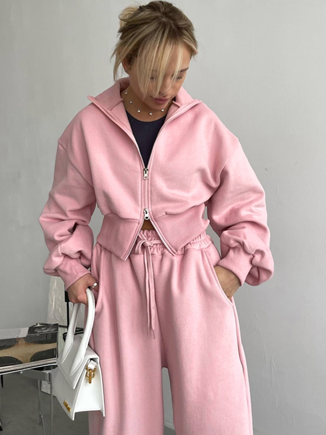 Pink Stand Collar Long Sleeves Solid Polyester Regular Open Front Jacket