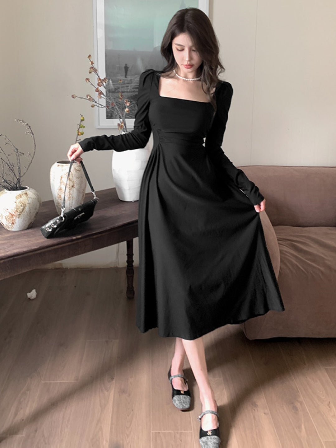 Black Square Neck Solid Long Sleeves Maxi A-Line Polyester Dress