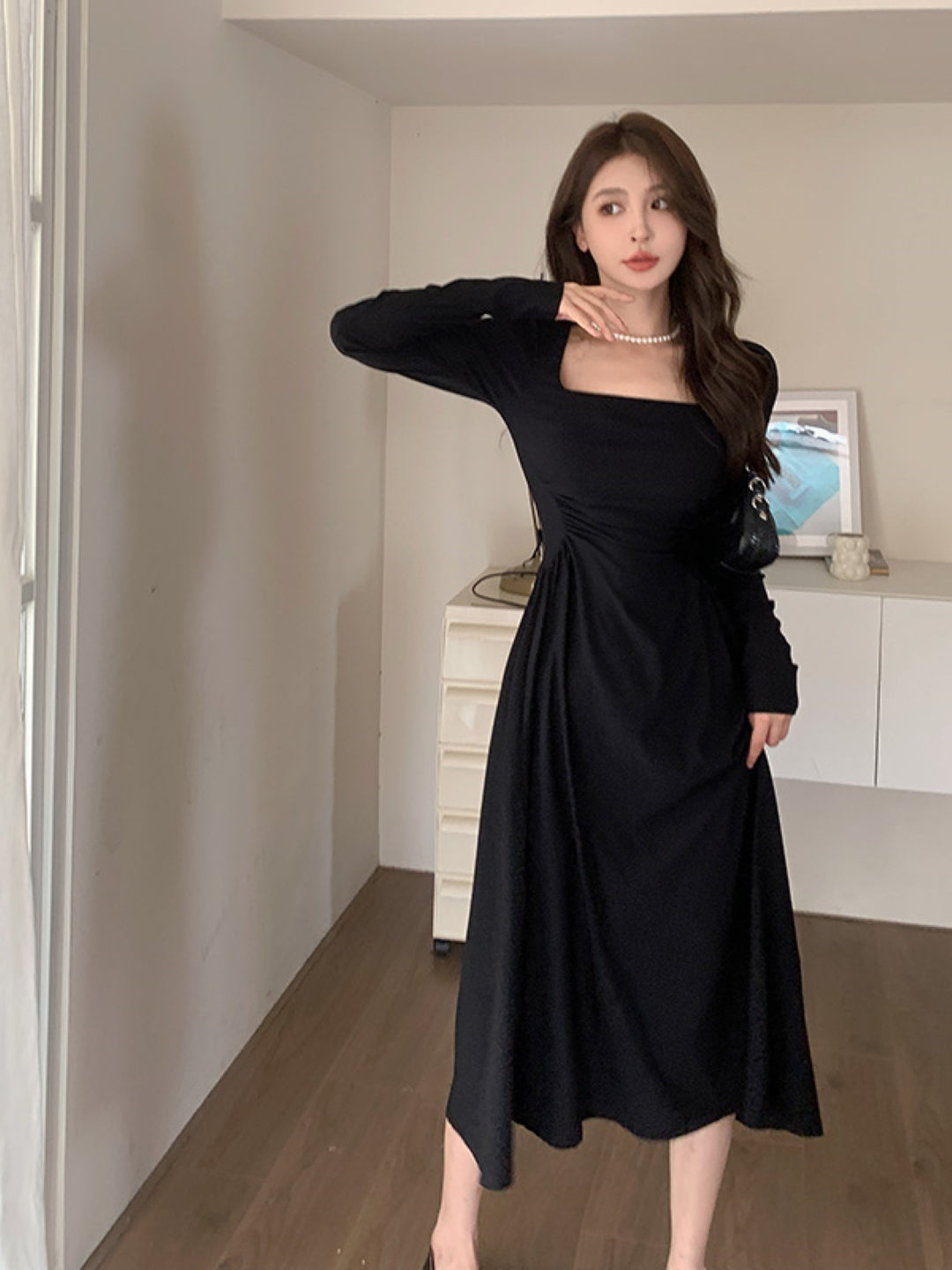 Black Square Neck Solid Long Sleeves Maxi A-Line Polyester Dress