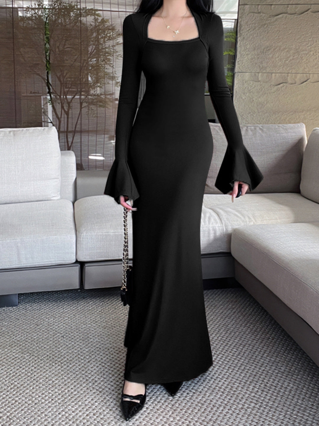 Black Square Neck Solid Long Sleeves Maxi A-Line Polyester Dress