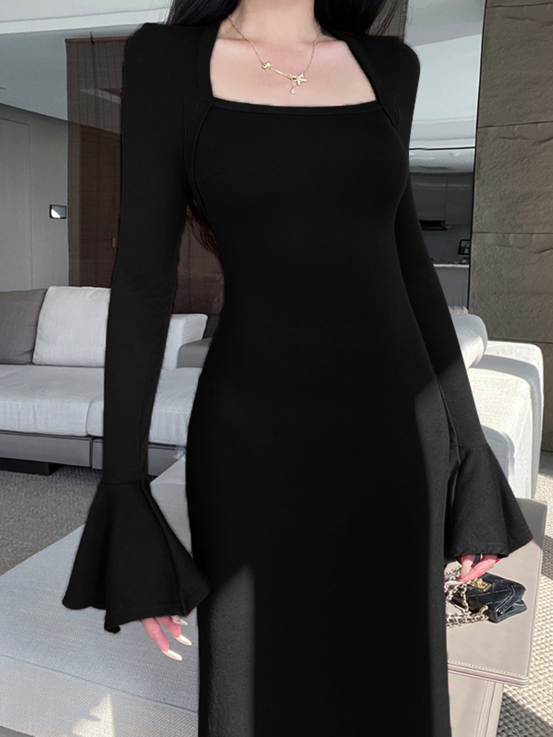 Black Square Neck Solid Long Sleeves Maxi A-Line Polyester Dress