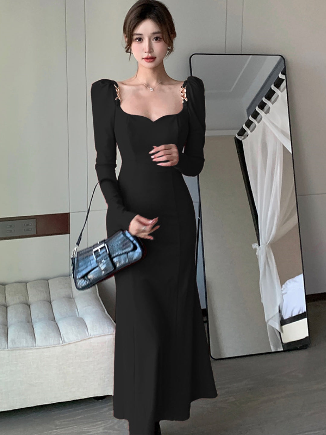 Black V-Neck Solid Long Sleeves Maxi A-Line Polyester Dress