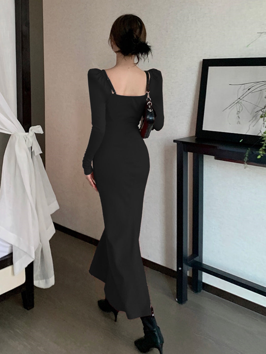 Black V-Neck Solid Long Sleeves Maxi A-Line Polyester Dress