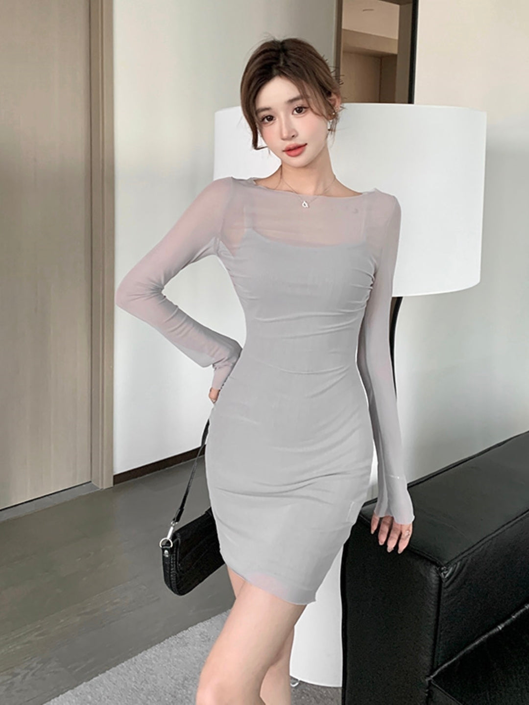 Grey Round Neck Long Sleeves Clothing Set