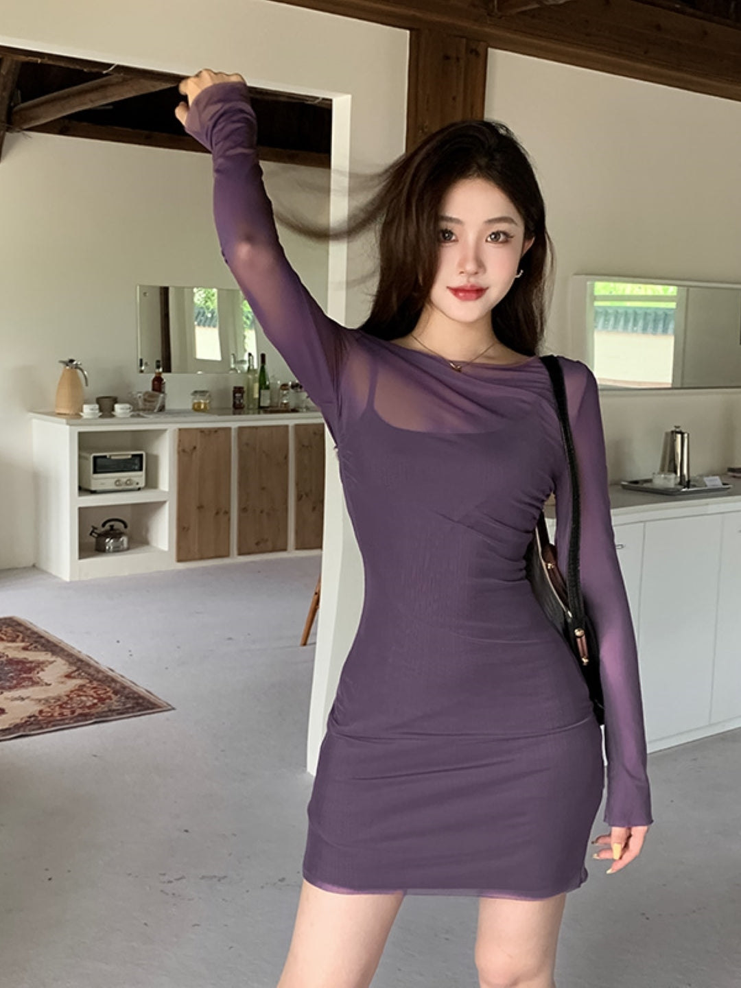 Purple Round Neck Long Sleeves Clothing Set