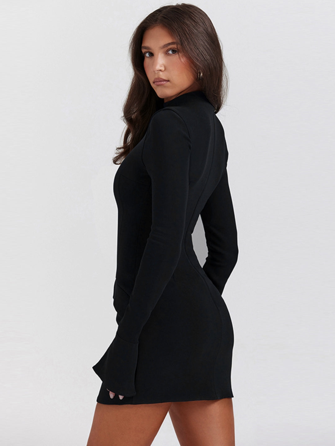 Black Round Neck Solid Long Sleeves Above Knee Bodycon Polyester Dress