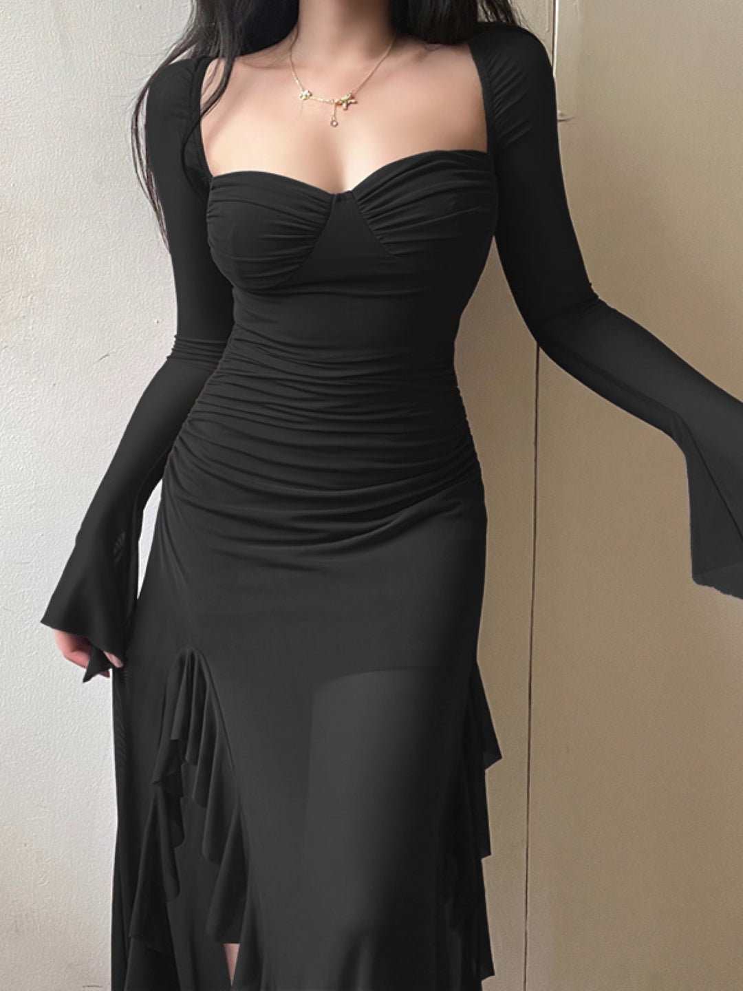 Black Square Neck Solid Long Sleeves Maxi Bodycon Polyester Dress