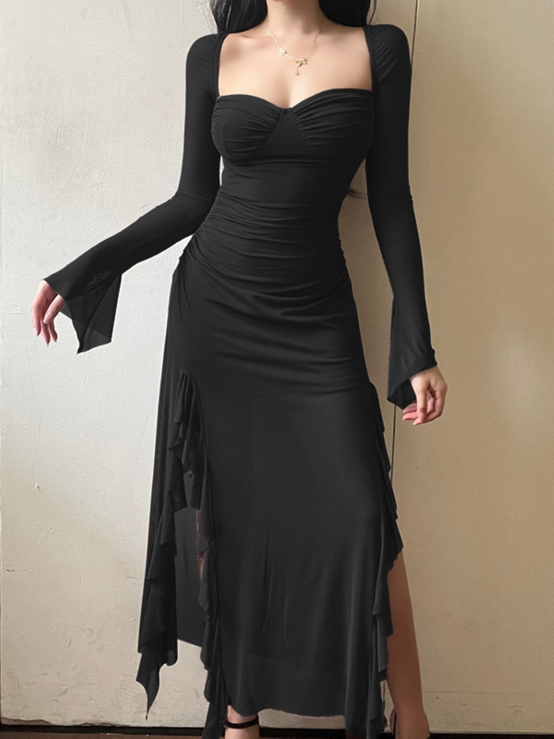 Black Square Neck Solid Long Sleeves Maxi Bodycon Polyester Dress