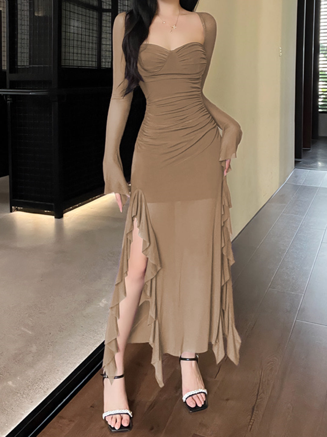 Khaki Square Neck Solid Long Sleeves Maxi Bodycon Polyester Dress