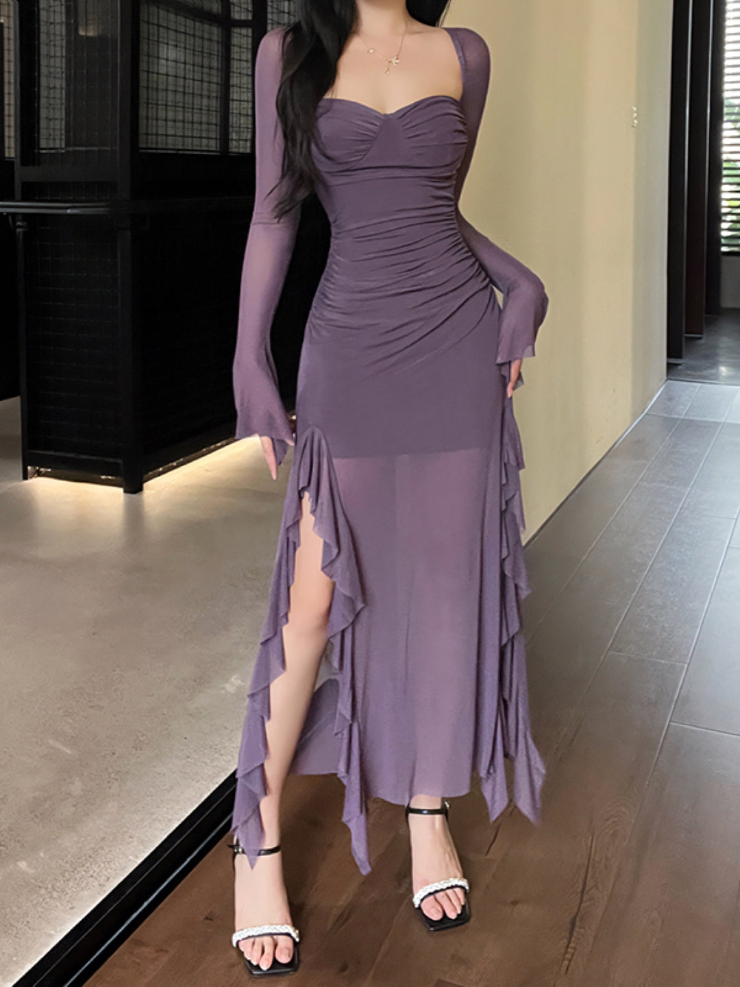 Purple Square Neck Solid Long Sleeves Maxi Bodycon Polyester Dress