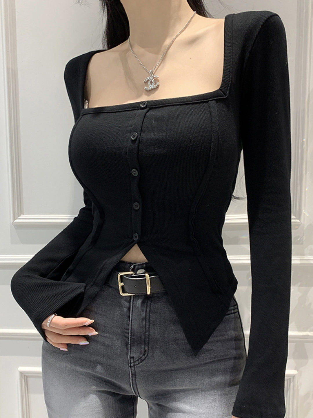 Black Square Neck Long Sleeves Solid Opaque Polyester Top