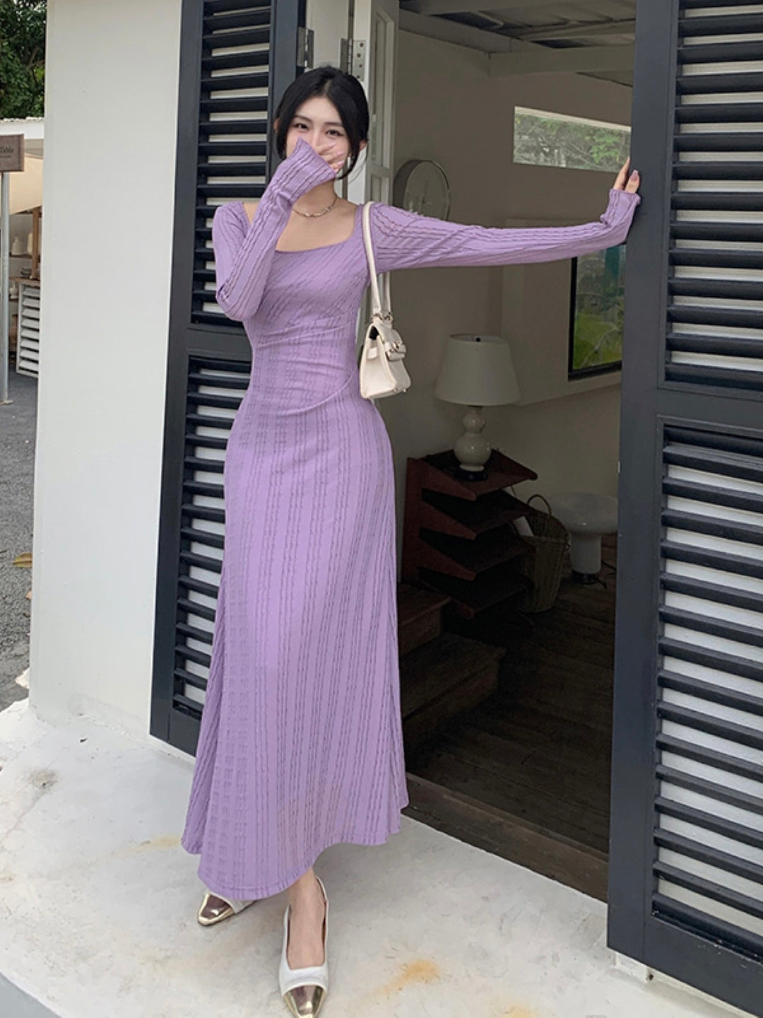 Purple Square Neck Solid Long Sleeves Maxi Bodycon Polyester Dress