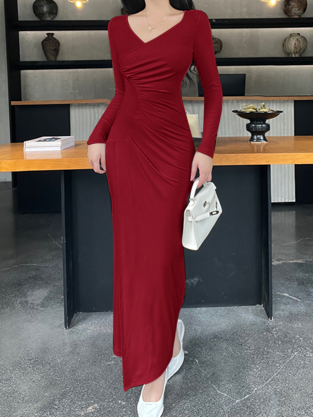 Red V-Neck Solid Long Sleeves Maxi Fit and Flare Polyester Dress