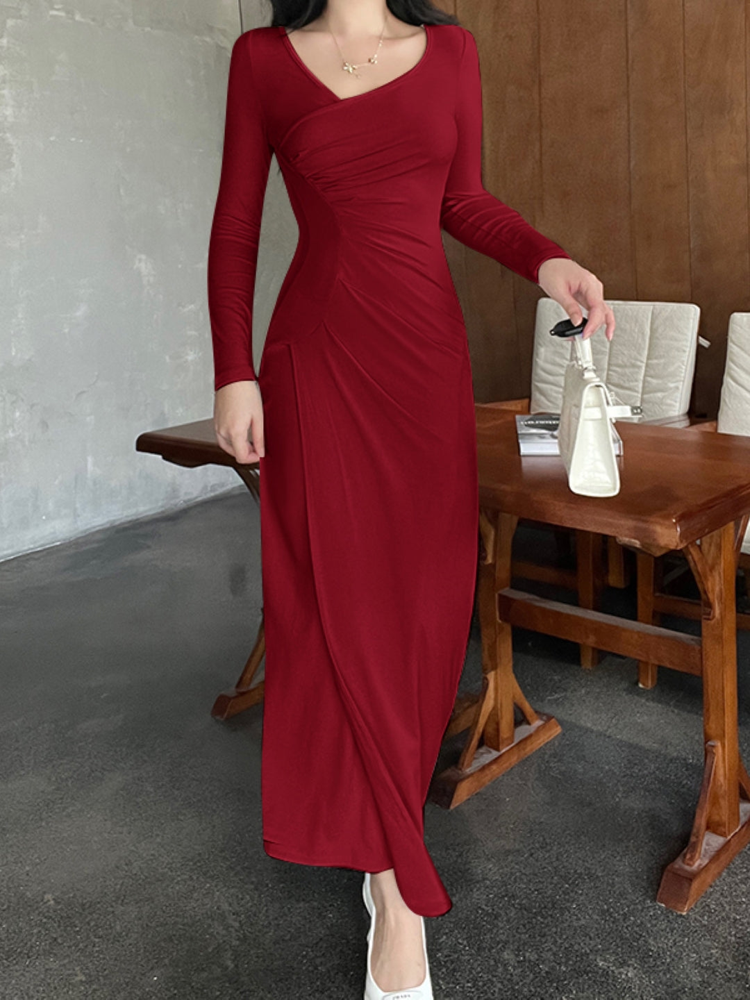 Red V-Neck Solid Long Sleeves Maxi Fit and Flare Polyester Dress