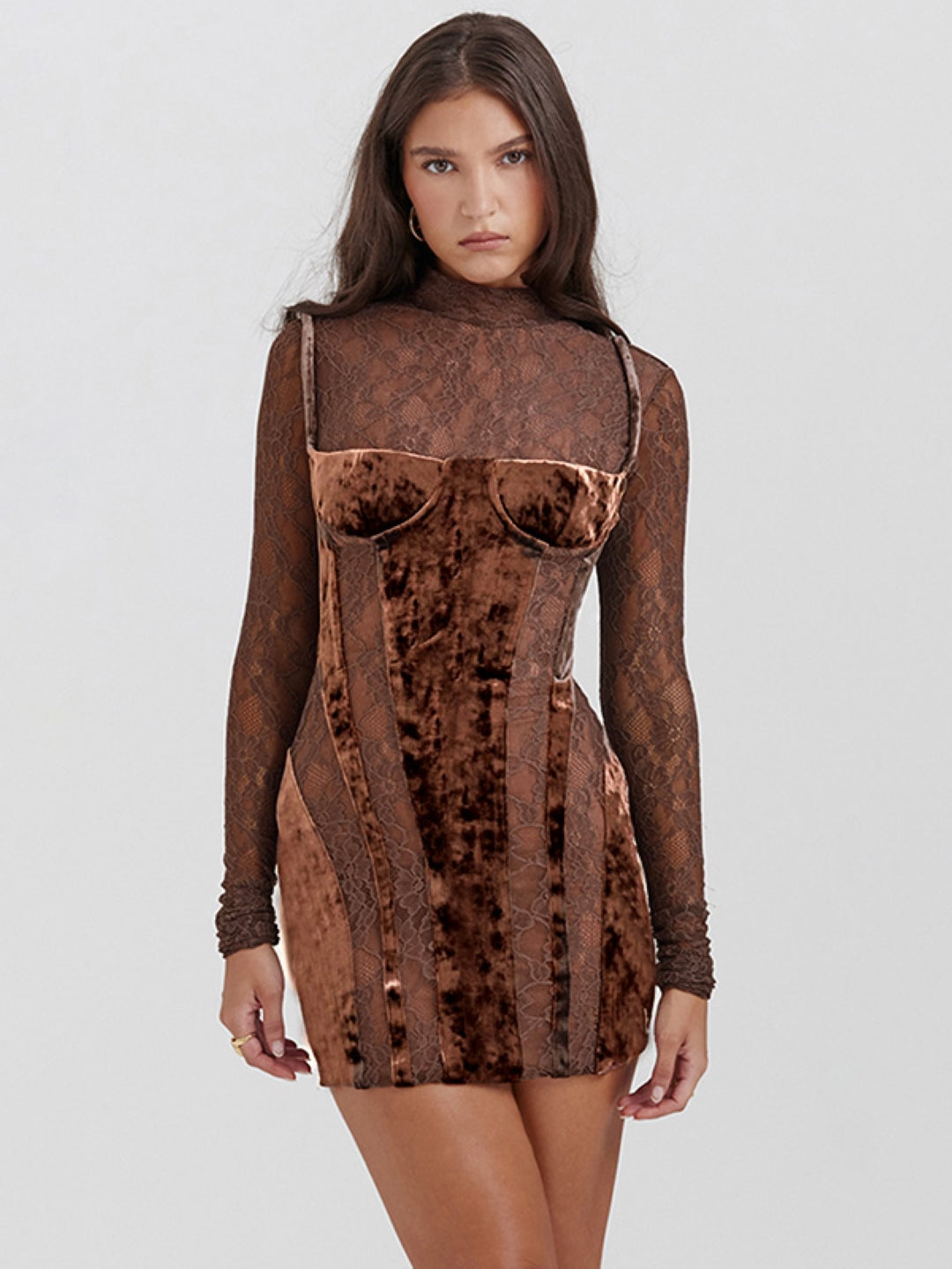 Brown Round Neck Solid Long Sleeves Above Knee Bodycon Polyester Dress