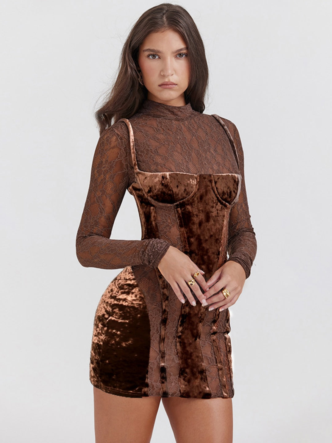 Brown Round Neck Solid Long Sleeves Above Knee Bodycon Polyester Dress