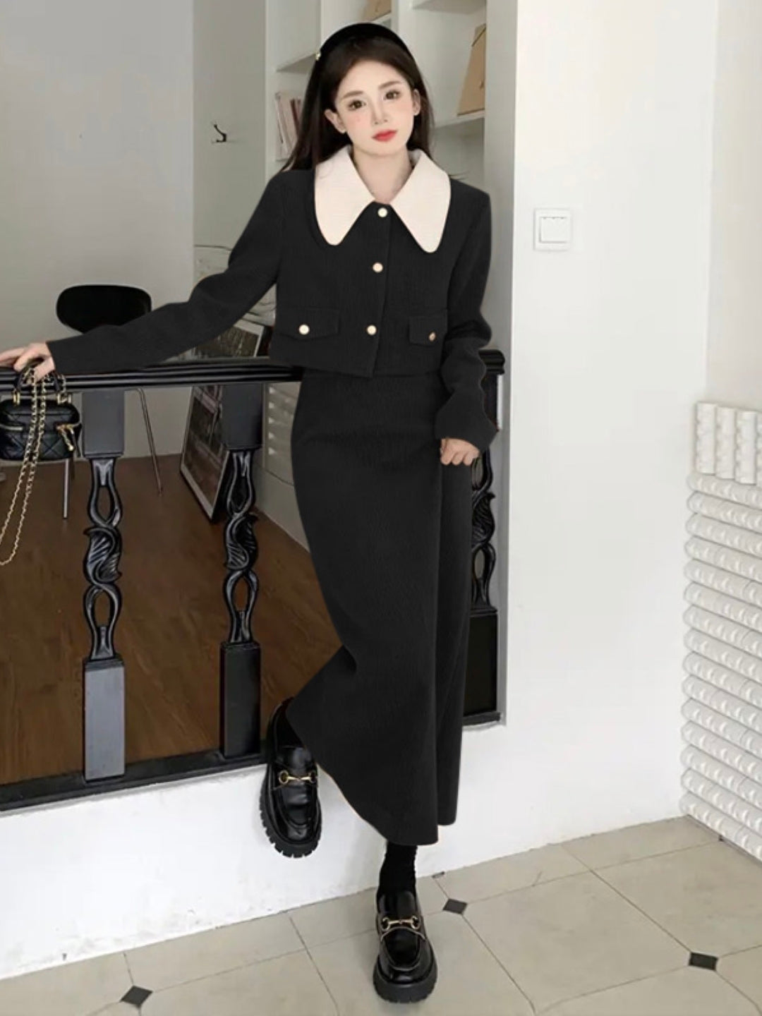 Black Shirt Collar Long Sleeves Coat & Skirt Set