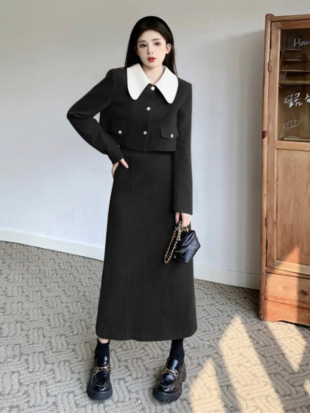 Black Shirt Collar Long Sleeves Coat & Skirt Set