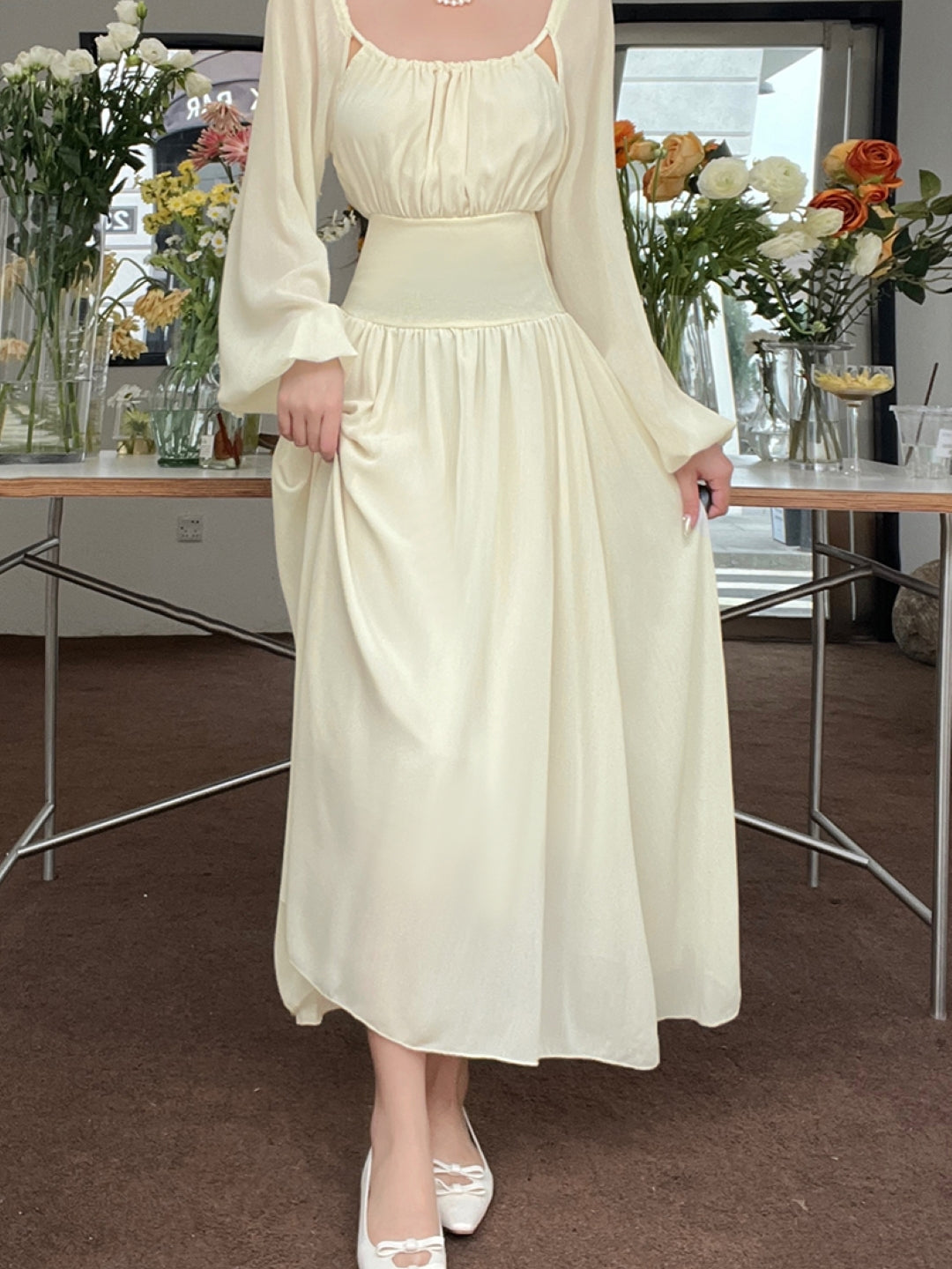 Cream Round Neck Solid Long Sleeves Maxi A-Line Polyester Dress