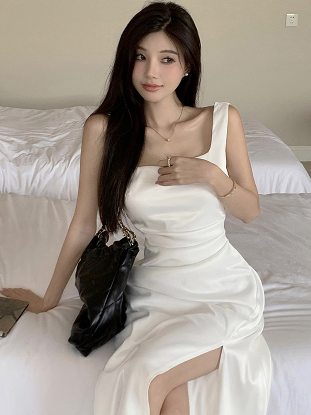 White Square Neck Solid Sleeveless Maxi Bodycon Polyester Dress