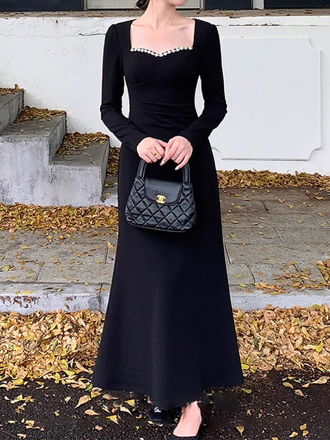 Black Square Neck Solid Long Sleeves Maxi A-Line Polyester Dress