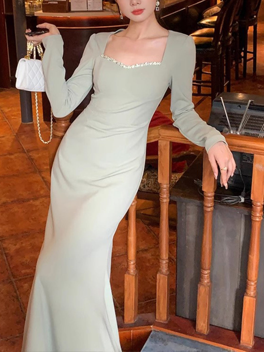 Cream Square Neck Solid Long Sleeves Maxi A-Line Polyester Dress