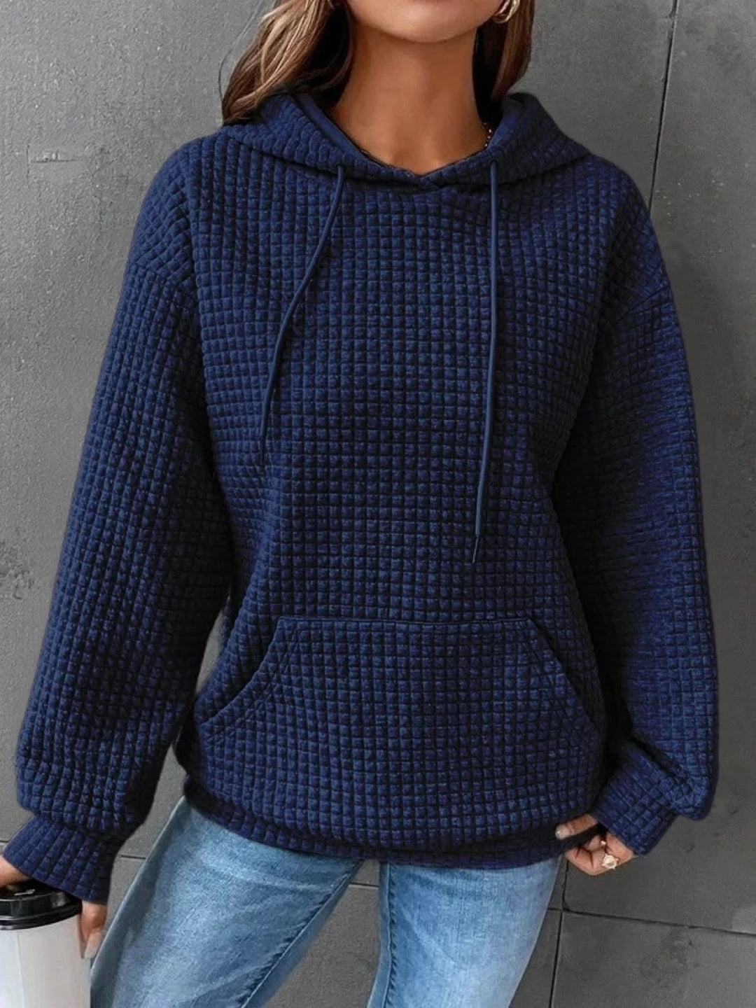 Blue Hood Long Sleeves Solid Pullover Polyester Hoodie