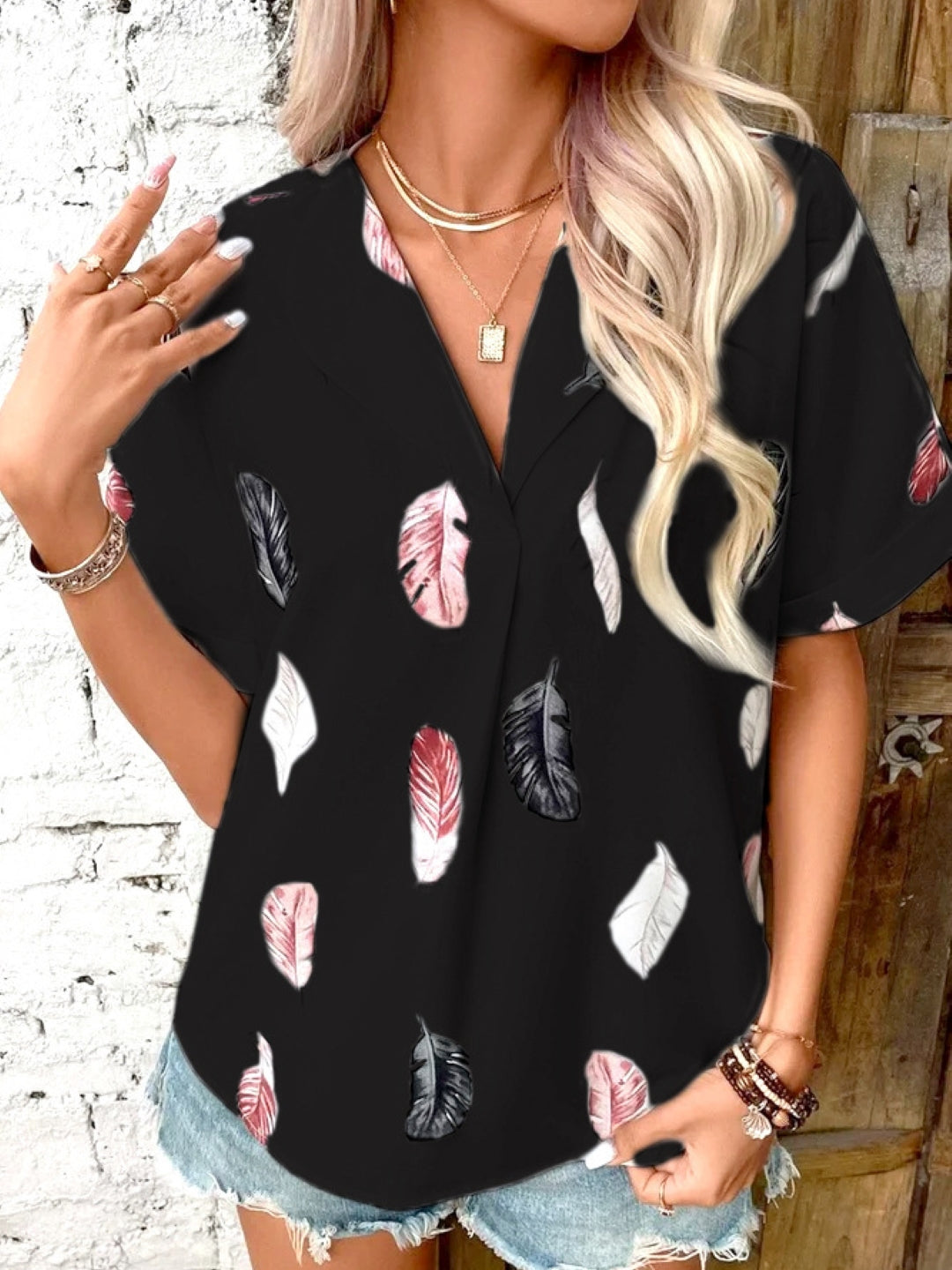 Black V-Neck Short Sleeves Printed Polyester Top