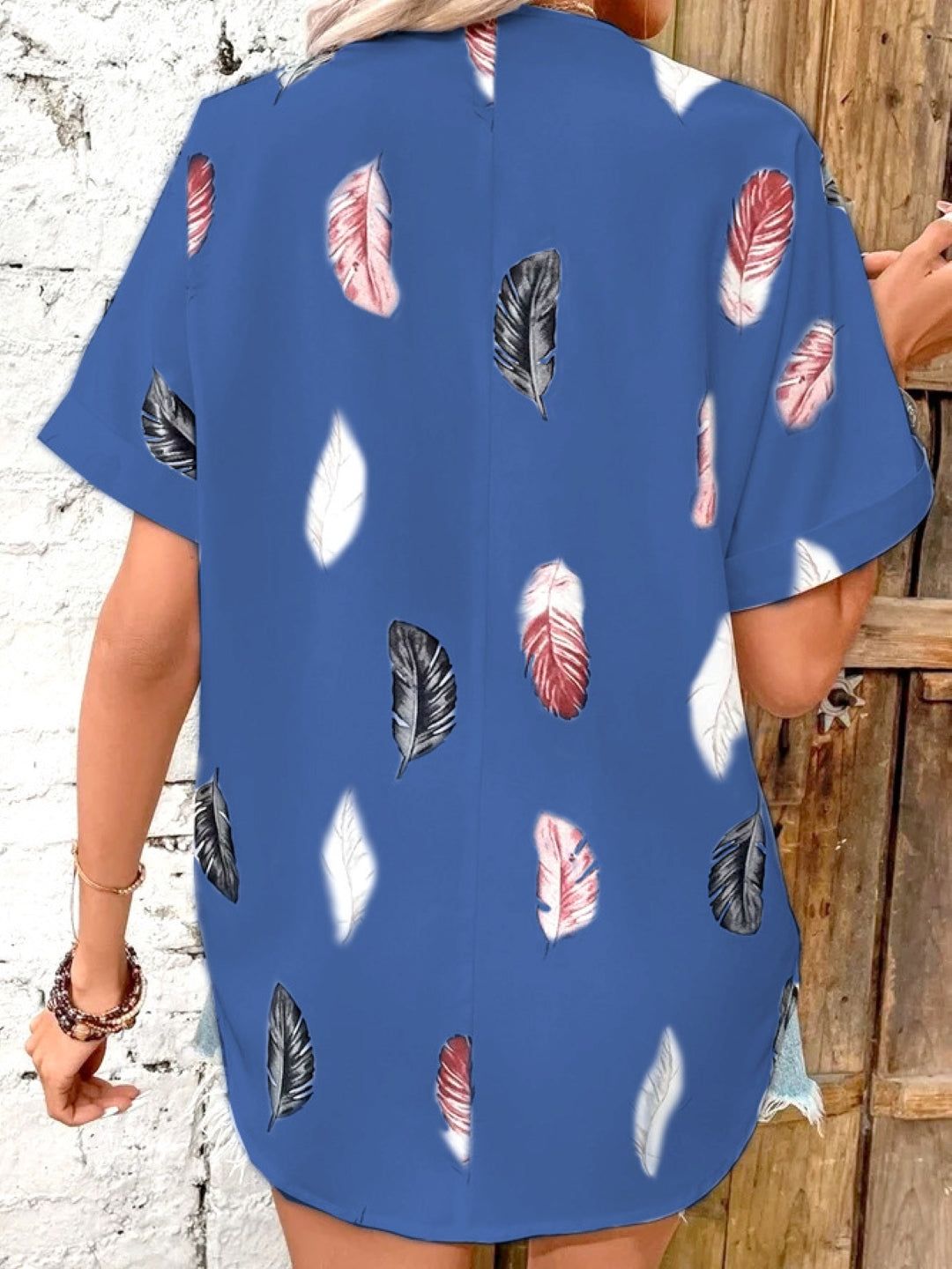 Blue V-Neck Short Sleeves Printed Polyester Top