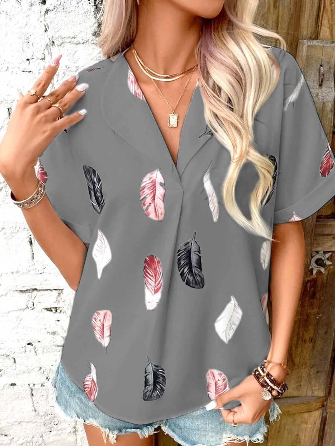 Grey V-Neck Short Sleeves Printed Polyester Top