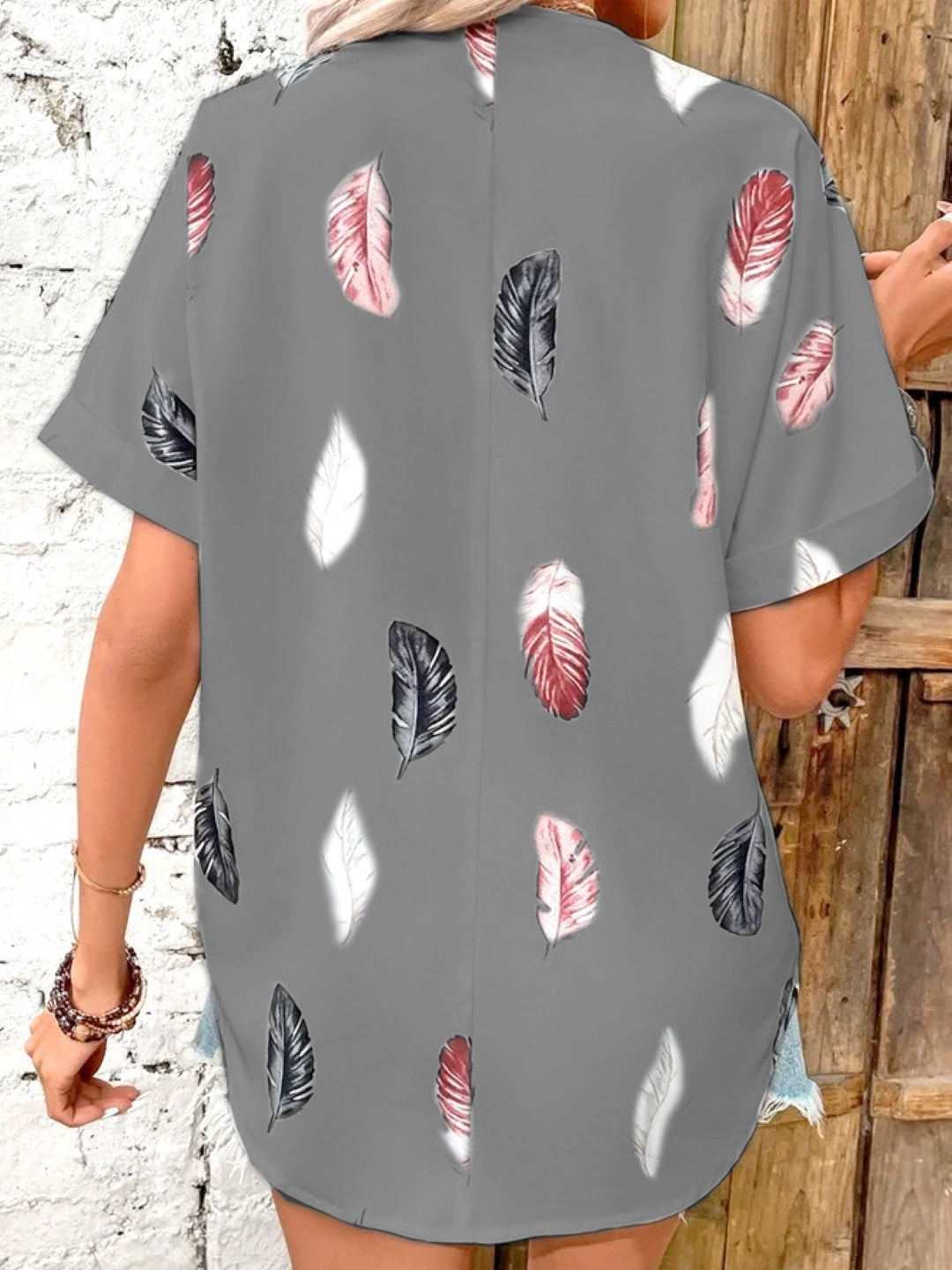 Grey V-Neck Short Sleeves Printed Polyester Top