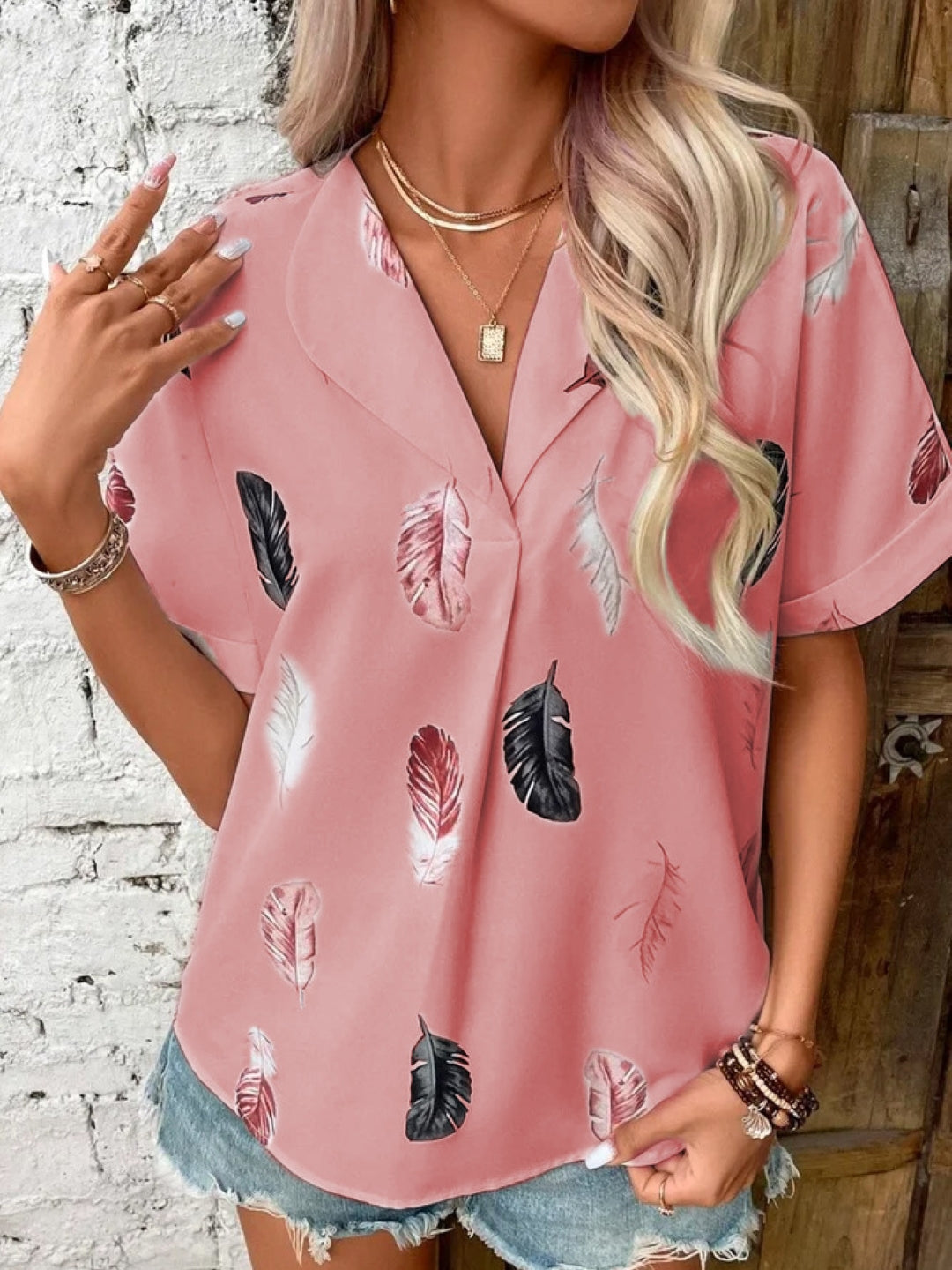 Pink V-Neck Short Sleeves Printed Polyester Top